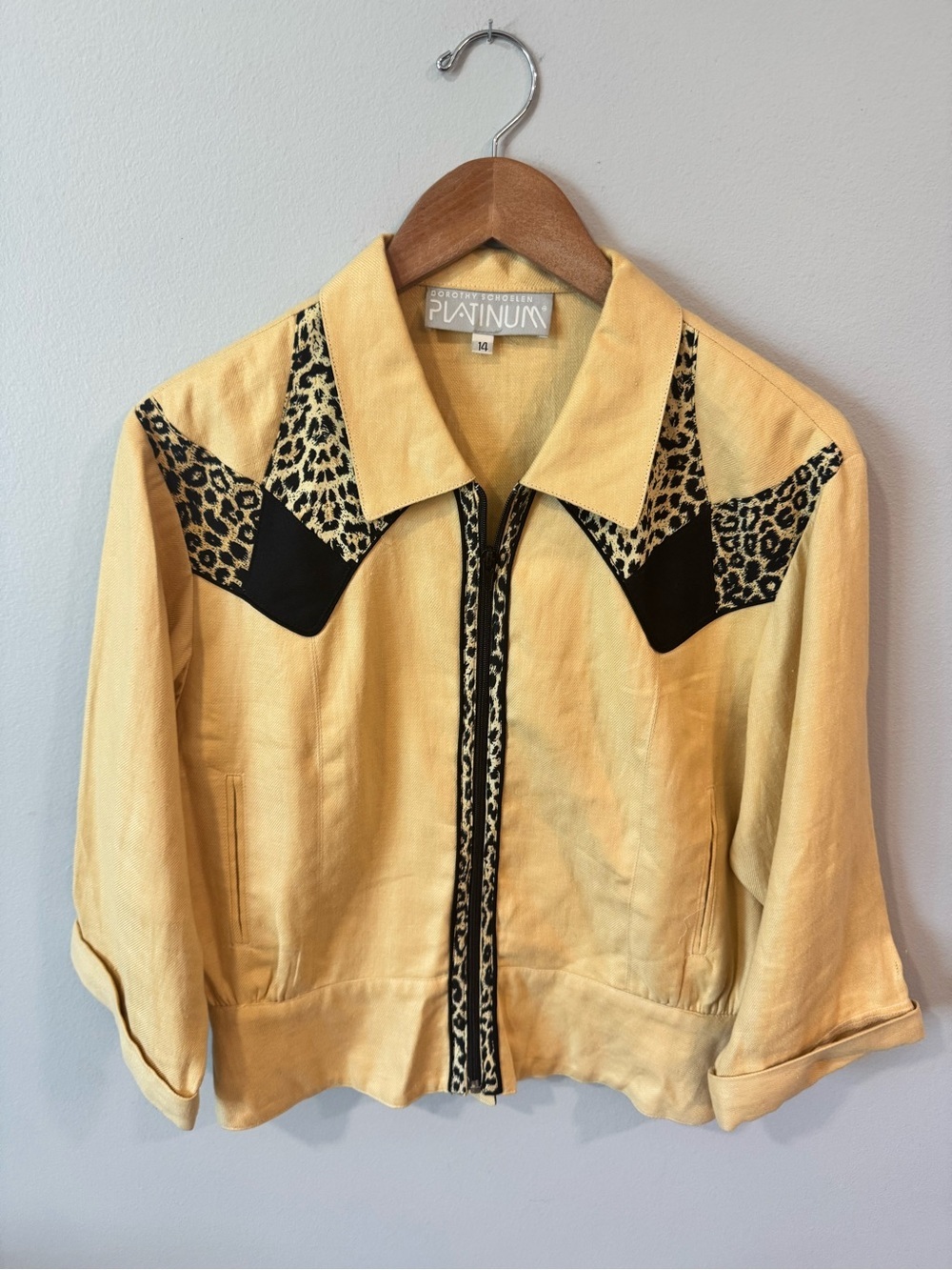 Platinum By Dorothy Schoelen Vintage Yellow Leopard-Accent Jean Jacket Sz 14